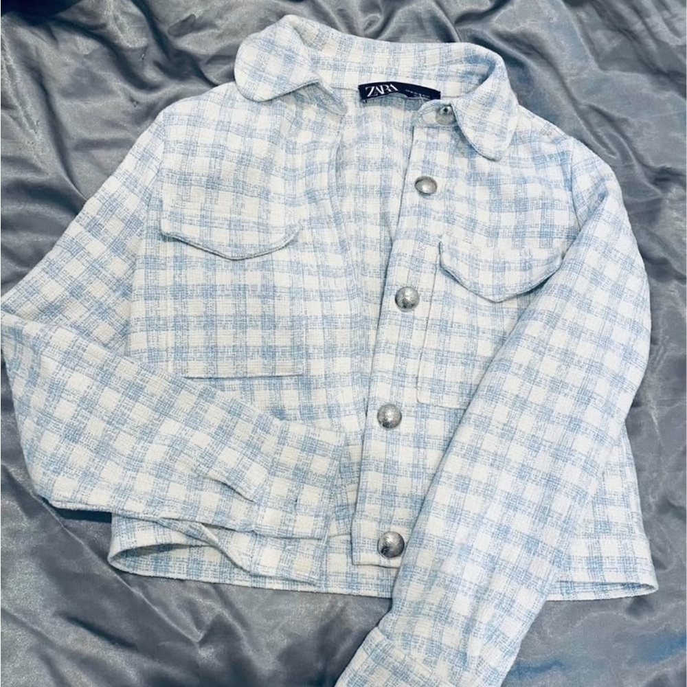 Zara Blue and White Checkered Blazer